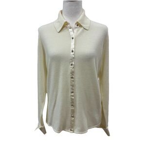 Vintage Designers Originals Women's Cardigan Cream Large Satin Trim Cottagecore